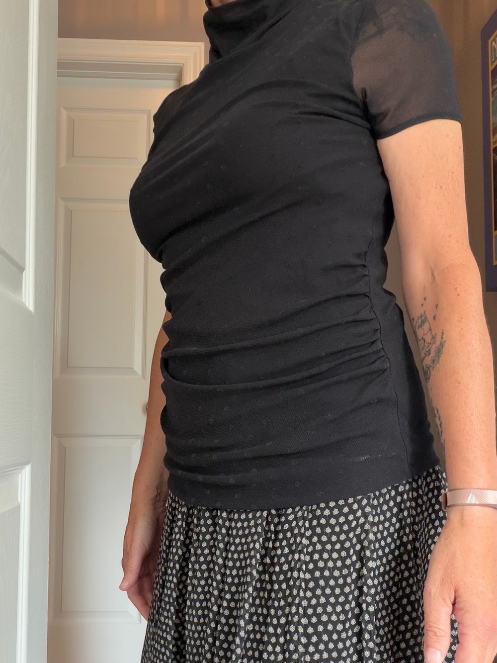 Black Short-Sleeve Turtleneck Mesh Top